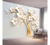 Papier peint panoramique 400 x 280 cm, Conception de motifs 3D Élégant Branches Fleurs, Revêtement mural décoration salon, Blanc Or Décoration Murale en Intissé, Pour Salon Chambre