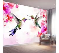 Papier peint panoramique 400 x 280 cm, Conception de motifs Aquarelle Fleurs Oiseaux, Revêtement mural décoration salon, Coloré Décoration Murale en Intissé, Pour Salon Chambre