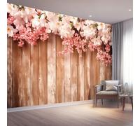Papier peint panoramique 400 x 280 cm, Conception de motifs Élégant Planches de bois Romantique Floral, Revêtement mural décoration salon, Coloré Décoration Murale en Intissé, Pour Salon Chambre