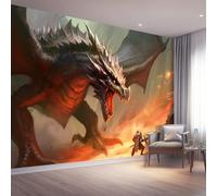 Papier peint panoramique 400 x 280 cm, Conception de motifs Fantaisie Dragon Chevalier Flammes, Revêtement mural décoration salon, Coloré Décoration Murale en Intissé, Pour Salon Chambre