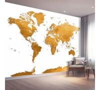 Papier peint panoramique 400 x 280 cm, Conception de motifs Simple Carte du monde Texturé, Revêtement mural décoration salon, Or Blanc Décoration Murale en Intissé, Pour Salon Chambre