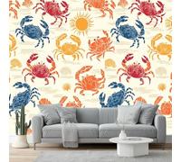 Papier peint panoramique 400 x 280 cm, Dessin animé Mignon Crabe Soleil, Coloré Revêtement mural moderne pour Salon, Chambre, Salle à manger et Chambre d’enfant, Étanche et facile à installer