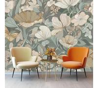 Papier Peint Panoramique 400 x 280 cm Maison Chambre Déco Photo Murale Bohème Art naturel Fleurs et Papillons Papier Peint Panoramique intissé Gris Vert 3D Photo Murale pour Salon Chambre