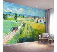 Papier Peint Panoramique 400 x 280 cm Mural 3D, Coloré Tapisserie Photo Peinture Murale, Papier Peint Peinture Peinture à l'huile Ciel bleu Village Champ Fresque Pour Salon Chambre Toile Fond Tv