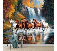 Papier Peint Panoramique 400 x 280 cm Mural Décoration Cheval sauvage dans la rivière thème convient à la chambre à coucher à la chambre d'enfants, au salon à la cuisine Mural Jaune Gris