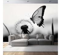 Papier peint panoramique 400 x 280 cm - Papier Peint Intissé Mural - Design Gros plan Pissenlit Papillon - Blanc Noir - pour Chambre Salon Bureau Personnalisé Décoration Murale