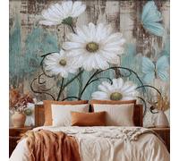 Papier Peint Panoramique 400 x 280 cm, Papier Peint Marguerite Rural Papillon Grain de Bois Image Photo Murale Wallpaper Pour Chambre, Salon, Mur TV Artistique, Restaurant Décoration Murale i169