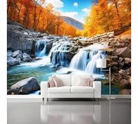 Papier peint panoramique 400 x 280 cm, Photographie Cascade Paysage d'automne Montagnes Design moderne, Revêtement mural décoration chambre salon, Coloré Papier Peint intissé Poster Tableaux Muraux