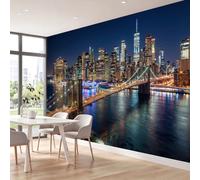 Papier Peint Panoramique 400 x 280 cm, Photographie Moderne Papier Peint | Silhouettes Urbaines Ponts Rivières Lumières Fresque Murale Intissée Non Tissé 3D Décoration XXL Murale pour Chambre Salon