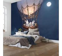 Papier Peint Panoramique 400x280cm, conte de fées de dessin animé Lapin en montgolfière sous un ciel étoilé Poster Photo Mural, Papier Peint Décoration Murale Salon Chambre á Coucherr, Bleu foncé