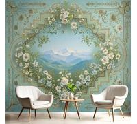 Papier Peint Panoramique 400X280Cm Montagnes Prairies Impression Vignes Fleuries Traditionnelles Papier Peint Décoration Murale Poster Bleu-Vert Fresque Murale Salon Chambre Á Coucherr Bureau Salle