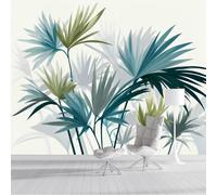 Papier Peint Panoramique 400x280cm Tapisserie de Soie Fleurs Abstraites XXL Tableaux Muraux Plantes Tropicales Décoration Murale pour Chambre Salon D'Enfant, Bleu-Vert