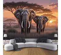 Papier Peint Panoramique 450×315 cm, Revêtement Coucher Soleil Prairie, 3D Motif Afrique Éléphants Mural Poster Geant Murale Décoration pour Chambre Salon Couloir Bureau Cuisine Chambre Orange