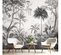Papier Peint Panoramique 450×315 cm, Revêtement Palmiers Feuilles Bananier, 3D Motif Rétro Paysage Jungle Mural Poster Geant Murale Décoration pour Chambre Salon Couloir Bureau Cuisine Chambre Gris