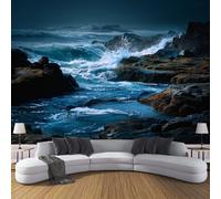 Papier Peint Panoramique 450 x 356 cm Côte Fantastique Impression Paysage Végétal Vagues et rochers Peint Décoration Murale Poster bleu foncé Fresque Murale Salon Chambre Á Coucherr Bureau Salle