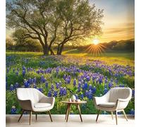 Papier Peint Panoramique 450x315cm, 3D Champ De Fleurs De Lupin Bleu Photo Murales Tissu de Soie Peinture Interieur Campagne Paysage Geant Tableaux, Chambre Salon Décoration Muraux, Herbe verte