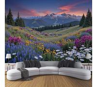 Papier Peint Panoramique 450x315cm - Imperméable Revêtement Mural Décoration Salon, Montagnes Fleurs Sauvages Été Paysage Design Pour Salon Chambre TV Fond Murale Décoration, Couleurs mélangées