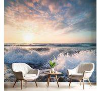 Papier Peint Panoramique 450x315cm (L×H), 3D Vagues Écume Photo Murales Tissu de Soie Peinture Interieur Coucher De Soleil Paysage Marin Geant Tableaux, Chambre Salon Décoration Muraux, Gris Bleu