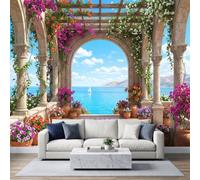 Papier Peint Panoramique 500x280cm, Balcon Vue Mer Méditerranée Visuel 3D | Arche Grecque Florale, Papier Peint Photo Intissé de Haute Qualité, idéal pour Salon et Chambre d'Enfant, Décoration Murale
