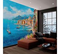 Papier peint panoramique abstrait architecture fleurs voilier, photo mural moderne 200L x 140H cm - Papier peint décoration de maison style peinture à l’huile pour salon, chambre des enfants, bureau