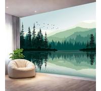 Papier Peint Panoramique Abstrait Forêt Lac Ombre Découpée Poster Mural Pour Salon Chambre Bureau Appartement - Vert Papier Peint Intissée Décoration, 300 x 210 cm Geant 3D Murales