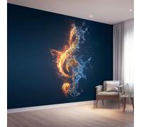 Papier Peint Panoramique Abstrait Papier Peint Intissé Bleu Notes De Musique Eau Et Feu Poster Decoration Murale Chambre Cuisine Salon Chambre D'Enfant, 350 x 256 cm