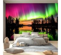 Papier Peint Panoramique Adhésif Merveilles Naturelles 300 x 210 cm - Murale Autocollante Décoration - Vert Aurore Boréale Bois Papier Peint Intissé Poster Decoration Murale Chambre Salon