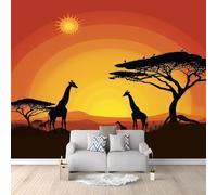 Papier Peint Panoramique Afrique 350x256 cm 3D Papier Peint Intissé Arbre Girafe Photo Trompe l'oeil Poster Geant Mural Salon Chambre Enfant Chambre Décoration Murale a-10845