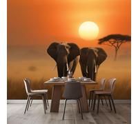Papier Peint Panoramique Afrique Coucher De Soleil Éléphants 250x175 cm Papier Peint Intissé Mural, Poster Geant Mural 3D, pour Salon Chambre d'enfants restaurant Décoration Murale