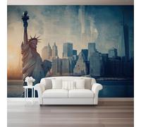 Papier Peint Panoramique Américain Bleu Statues Gratte-Ciel Papier Peint Mural Photo Tapisserie Murale Xxl Grand Format Panoramique Salon Chambre Déco Murale Impression Numérique 300 X 210 Cm
