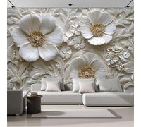 Papier Peint Panoramique Anémone Tridimensionnelle 250x175cm - Revêtement Mural Fleurs De Vigne 3D Tableaux Muraux Poster Geant Mural Tapisserie Décorative pour Salon Chambre Fond Tv, Laiteux