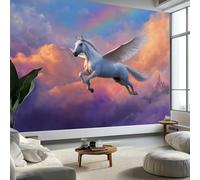 Papier peint panoramique animal cheval arc en ciel château, papier peint style fantastique amovible imperméable - fresque murale facile à poser - murale pour salon chambre enfant, 500 x 280 cm (L x H)
