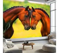 Papier Peint Panoramique Animal Deux Chevaux Bruns, Papier Peint Personnalisée Style Photographique, Fresque Murale Moderne pour Salon ou Chambre, Peinture Murale Décorative 350 x 256 cm (L x H)