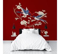 Papier Peint Panoramique Animal Oiseau et Fleur Vintage Toison Mur 300x210cm(L x H) Moderne Papier Peint Intissé pour Chambre Salon Bureau Personnalisé Décoration Murale Plantes Fleurs Rouges