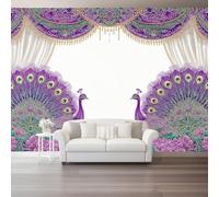 Papier Peint Panoramique Animal Violet Paon Branches Et Feuilles 3D Mural Design, Tapisserie Photo Géante Pour Salon Décoration Murale Xxl Intissée, Paysage Moderne 250 X 175 Cm