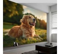 Papier Peint Panoramique Animaux Chien Parc Herbe, Papier Peint Intissé Style Cinématographique pour Chambre Salon Salle à Manger Murale 400L x 280H cm - Fond D'écran Photo Moderne Art Mural