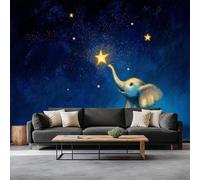 Papier Peint Panoramique Animaux De Dessin Animé Bébé Éléphant Étoiles 250 x 175 cm Poster Murale 3D, Style D’Animation Photo Murale, Papier Peint Intissé Fresque pour Salon Chambre Toile Fond TV
