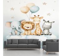 Papier Peint Panoramique Animaux De La Jungle, Papier Peint Intissé Lion éléphants Girafe Ballons Etoiles, Fresque Murale - Décoration Murale Pour Salon, Chambre, Bureau - 300 x 210 cm(non adhésif)
