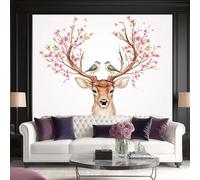 Papier Peint Panoramique Animaux Deux Oiseaux Debout Entre Les Cornes D'Un Cerf Fleuri 3D Moderne Papier Peint Intissé Pour Chambre Salon Bureau Personnalisé Mur Tv Décoration Murale 300 X 210 Cm