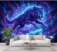 Papier Peint Panoramique Animaux Féroces Psychédéliques Murale Intissé,400X280Cm (L X H) | Fresque Murale Panoramique Loup Fantastique Réseau D'Étoiles,Décoration Murales Poster Tableaux Muraux Bleu
