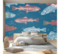 Papier Peint Panoramique Animaux résumé Bleu bancs de poissons lignes Papier Peint Photo Mural Intissé, Poster Personnalisé 3D Pour Salon Chambre Décoration Murale Chambre D'Enfant, 200 x 140 cm