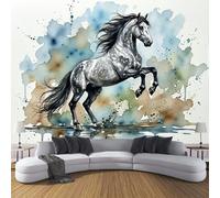 Papier peint Panoramique Aquarelle Animaux - Papier Peint Chevaux Au Galop Encre Éclaboussée Imperméable, Décoration Murale Gris tissu non tissé, pour Chambre à Coucher Salon Cuisine - 350 x 256 cm