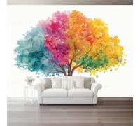 Papier Peint Panoramique Aquarelle Arbres Et Branches Colorés 3D Effet Tapisserie Murale Photo Géante Design Moderne Pour Salon Chambre À Coucher Couloir Décoration Murale, 350 X 256 Cm