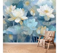 Papier Peint Panoramique Aquarelle Botanique Bleu Lotus Feuilles de Lotus Encre 3D Mural Design, Tapisserie Photo Pour Salon Chambre D'Enfant Décoration Murale Intissée, 300 x 210 cm