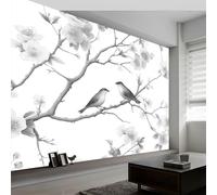 Papier peint panoramique aquarelle branches fleurs oiseaux, Papier peint intissé style minimaliste art esthétique moderne pour salon chambre d'Enfants restaurant décoration murale 300L x 210H cm