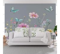 Papier Peint Panoramique Aquarelle Fleurs Papillon Bleu Poster Geant Mural, Plante Hibiscus Papillon Papier Peint Intissé Mural pour Salon Canapé TV Fond Décoration Murale 250x175cm(L x H)