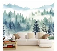Papier Peint Panoramique Aquarelle Nuages Et Brume Montagnes Forêt De Pins, Format XXL Murale Pour Fille Garçon Décoration Murale Chambre Enfant Blanc 300 x 210 cm Non-tissé, Non auto-adhésif
