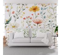 Papier Peint Panoramique Aquarelle Plante Hibiscus Herbe Poster Geant Mural, Plantes, Fleurs Papier Peint Intissé Mural pour Salon Canapé TV Fond Décoration Murale 250x175cm(L x H)