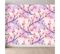 Papier Peint Panoramique Aquarelle Rêveur, 350 x 256 cm Decoration Murale | Fleurs De Cerisier Boutons Branches Imperméable Papier Peint Intissé, Rose Violet Légère Facile à installer Murale Pour Salon
