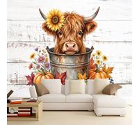 Papier Peint Panoramique Aquarelle Style Fermier, Blanc Marron Papier Peint | Vache Highland Tonneau Fleurs Papier Peint Pour Salon Chambre, Déco Fresque Murale Maison, Décor Photo Murale 350 x 256 cm